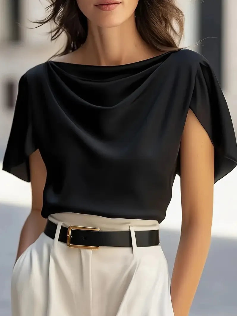 Solid Draped Neck Short Sleeve Casual Top