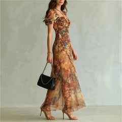 Square Neck Puff Sleeve Vintage Oil Painting Floral Print Ruched Split Mermaid Maxi Dress