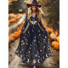 Bohemian Moon & Wildflower Print Long Dress, Deep V Neck Butterfly Moth Long Sleeve Gown