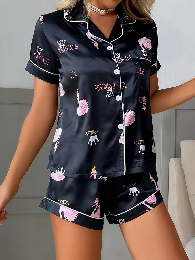 Ladies Plus Size Friendly Satin Pajama Set Cute Panda Heart Pattern Short Sleeve Top & Elastic Shorts Nightwear