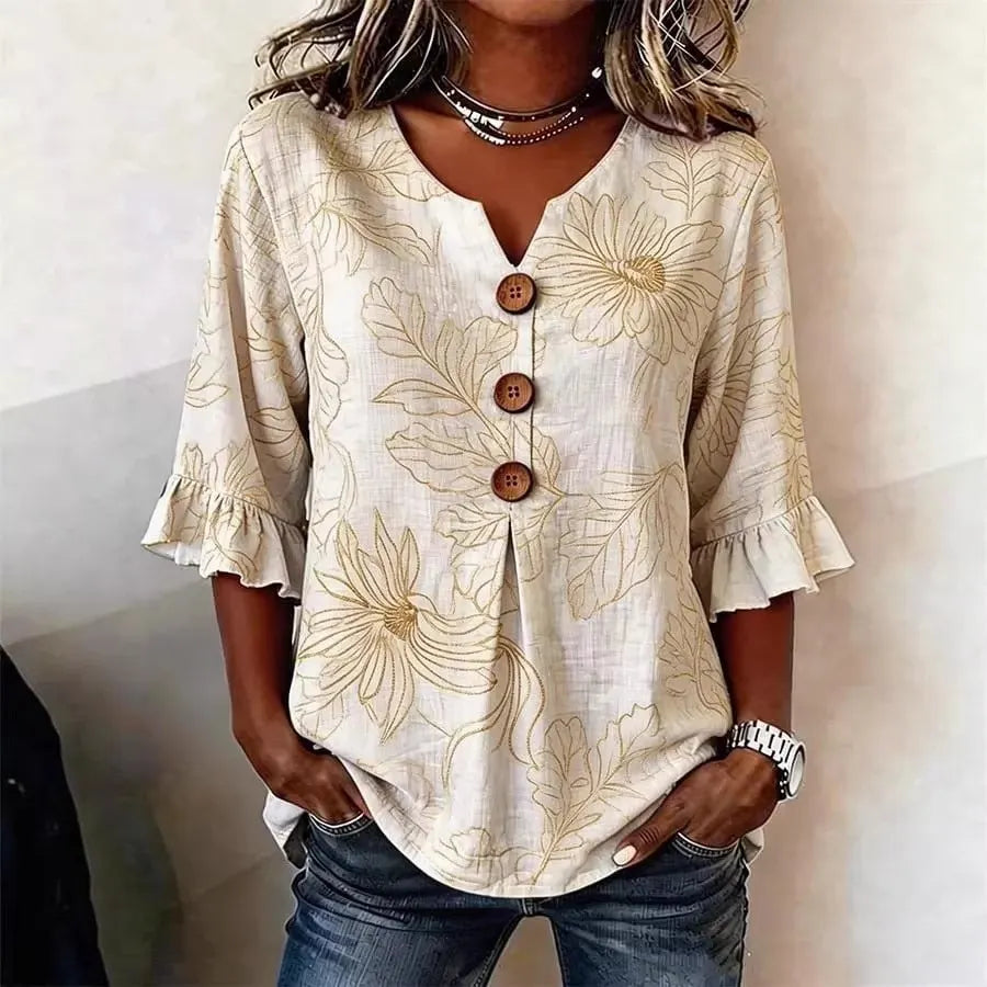 Round Neck Floral Printed Single Breasted 3/4 Ruffle Sleeve Loose Blouse