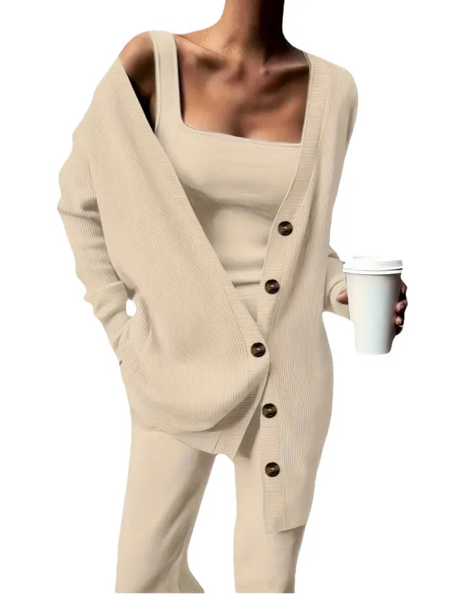 Beige Knit Cardigan, Cami Top & Wide-Leg Pants Set