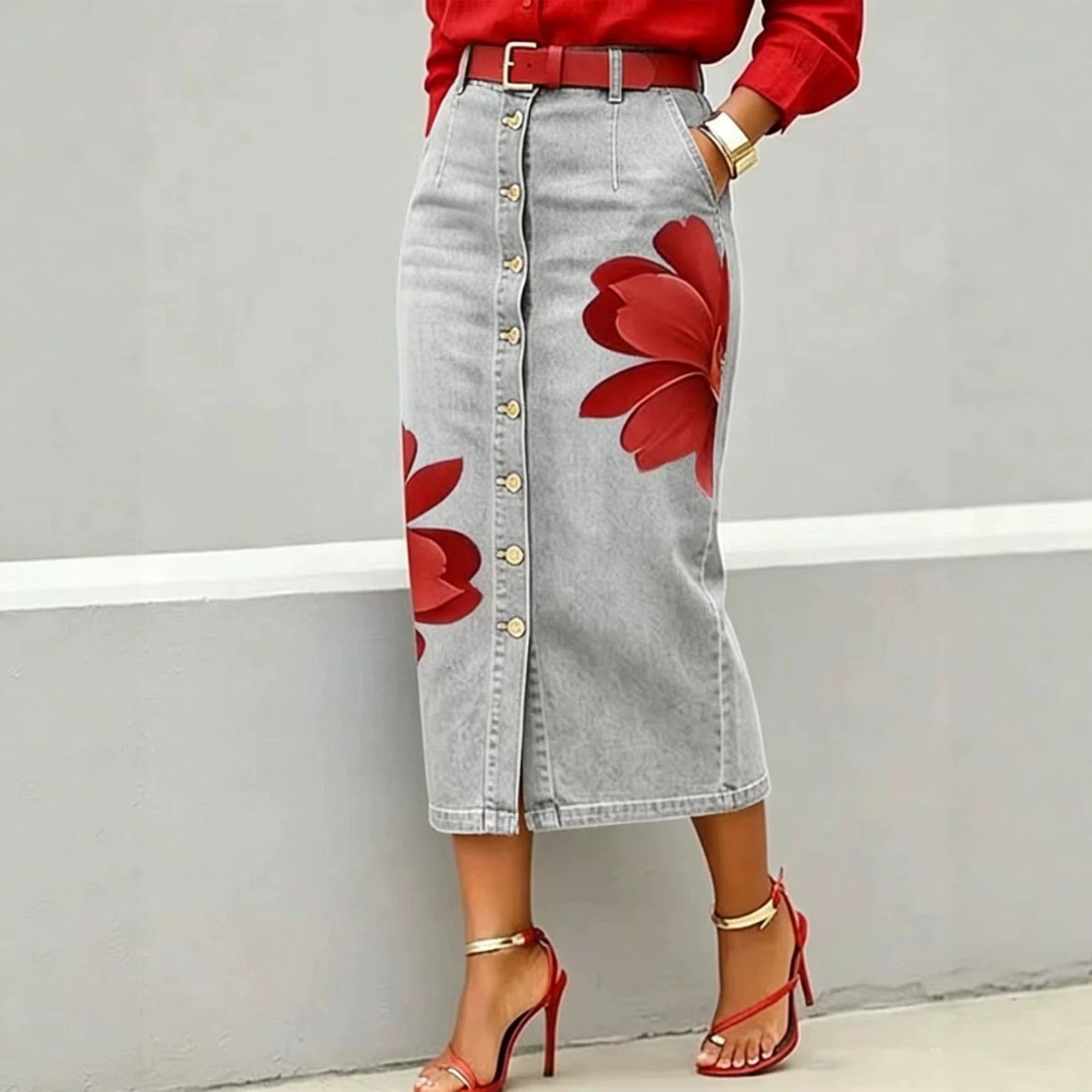 High Waist Red Flower Print Denim Midi Skirt, Button Front Straight Jean Skirt