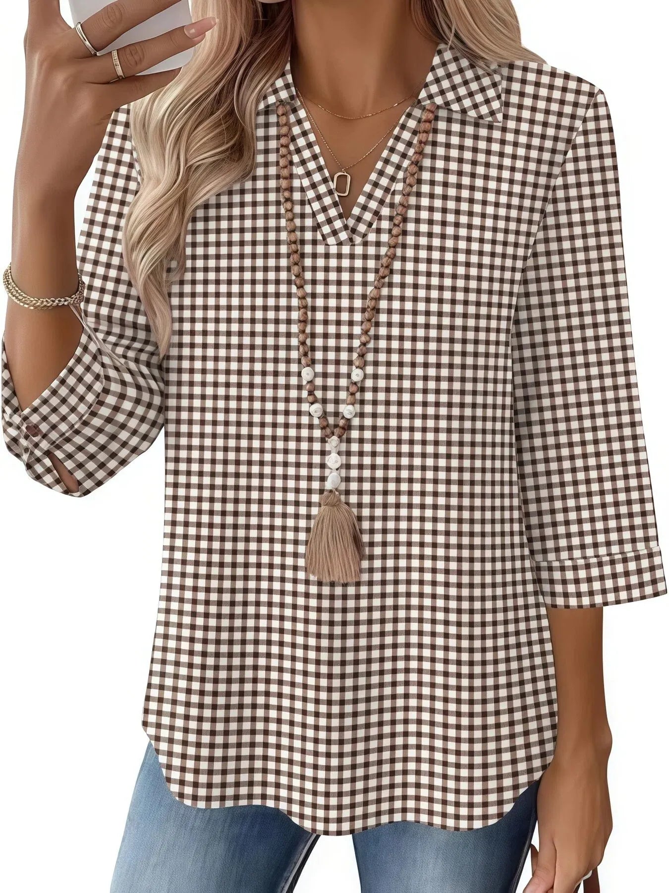 Abstract Floral Print Lapel Collar 3/4 Sleeve Four-Way Stretch Commuter Blouse