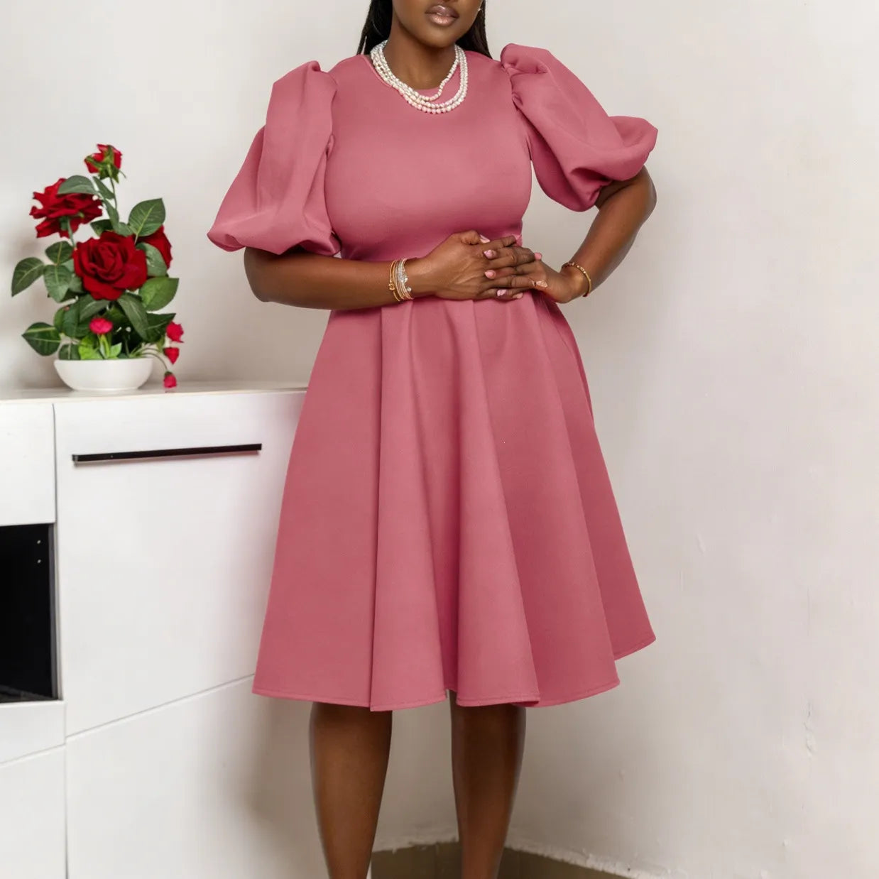 Plus-Size Pink Puff Sleeve Fit-and-Flare Midi Dress