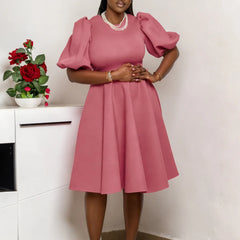 Plus-Size Pink Puff Sleeve Fit-and-Flare Midi Dress