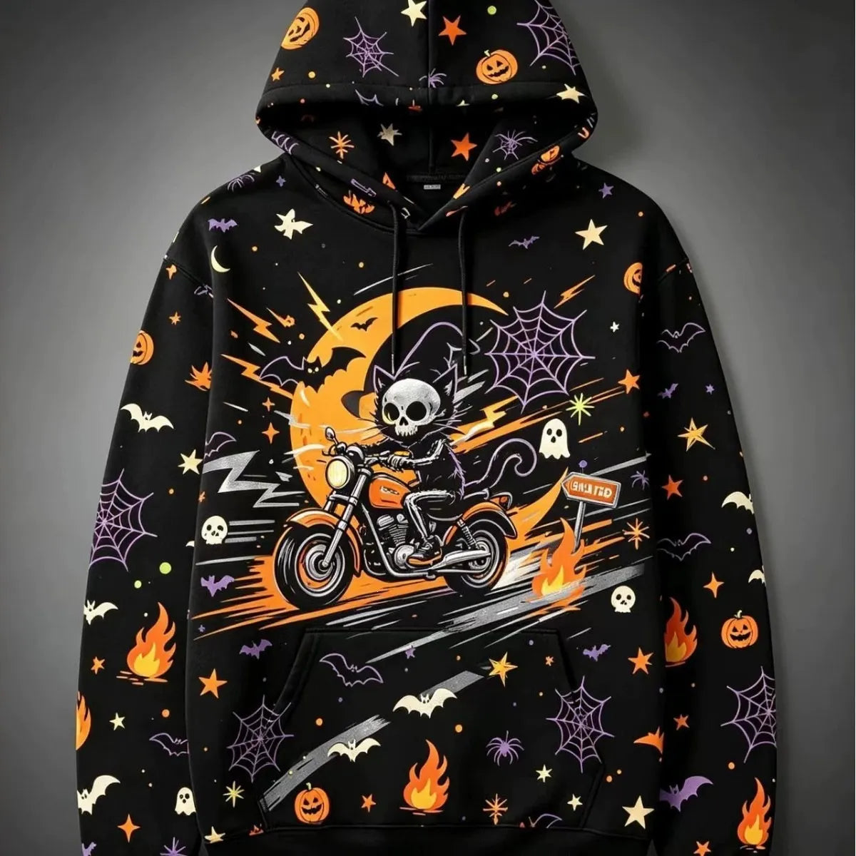 Halloween Black Cat Pumpkin Bat Moon Graphic Hoodie