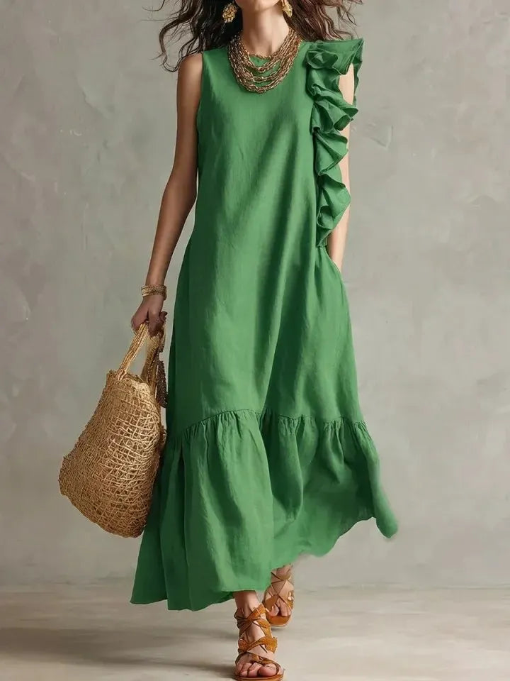 Pleating Blue Ruffle Sleeveless Tiered Maxi Dress