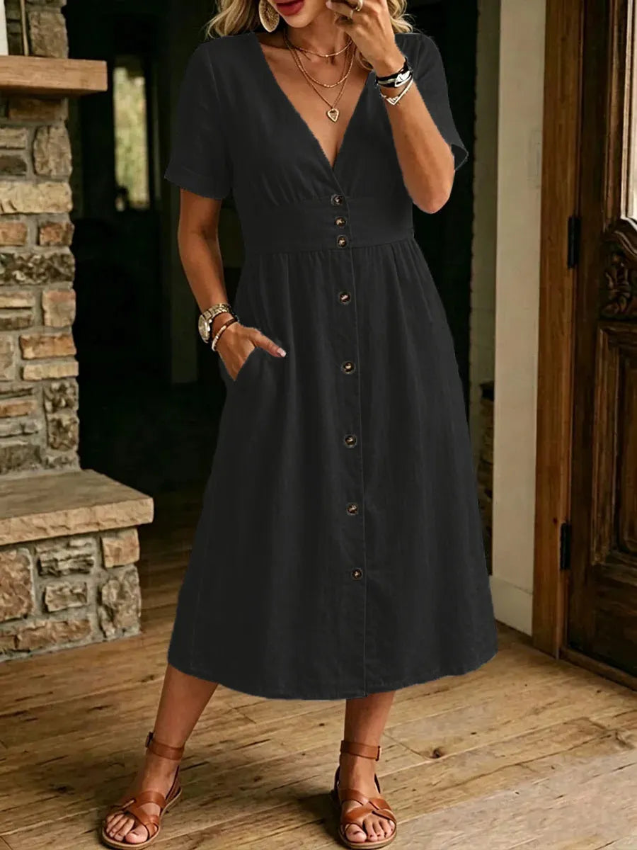 V-Neck Button Front Short Sleeve Midi Dress