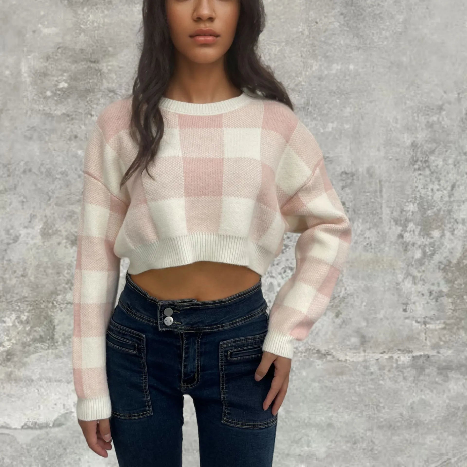 Pink White Plaid Round Neck Cropped Pullover Sweater