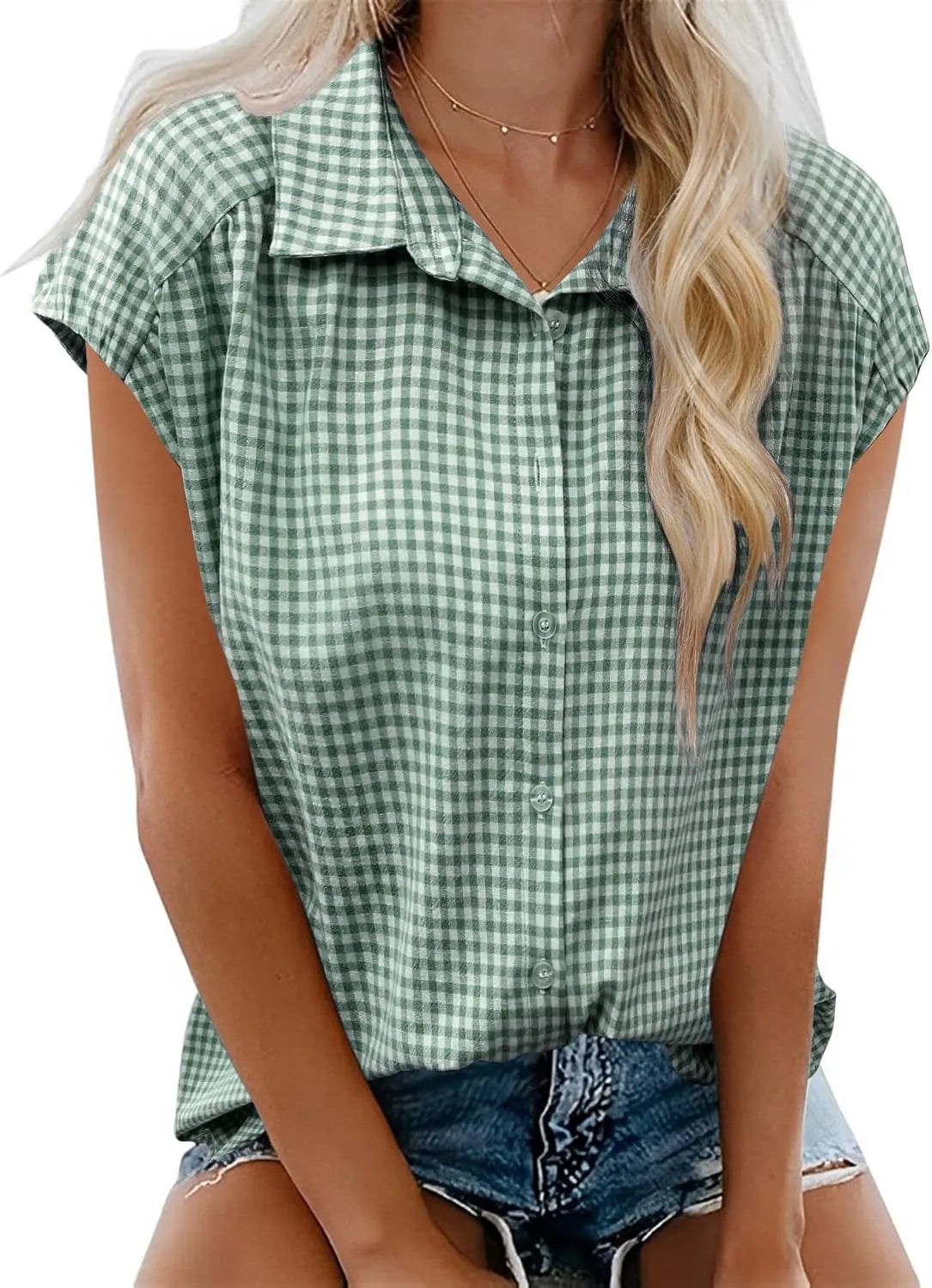 Casual Plaid Cap Sleeve Shirt Ladies Vintage Loose Fit Collared Blouse