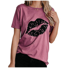 Crew Neck Hollow Out Lip Print Straight Cut Cotton Blend Short Sleeve Commuter Casual Pullover T-shirt