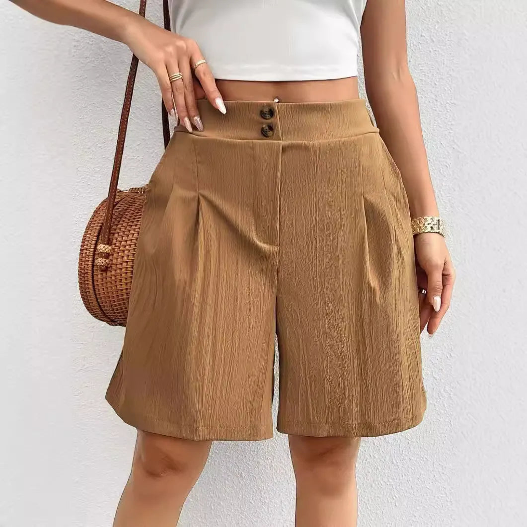 High Waist Double Button Pleated Casual Bermuda Shorts