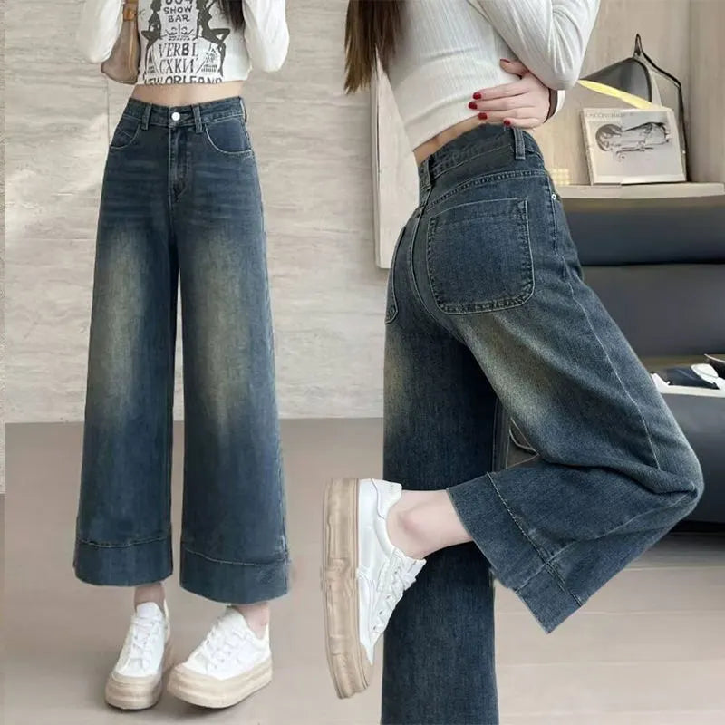High Waist Vintage Wide Leg Cropped Denim Pants