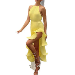 Yellow Halter Neck Ruffled High-Slit Maxi Dress