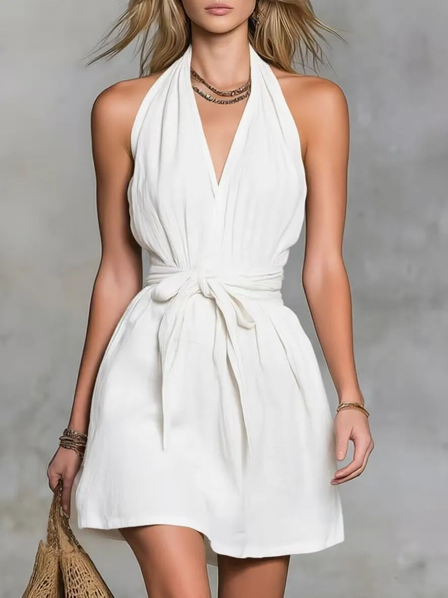 Deep V Halter Self Tie Waist Wrap Mini Dress
