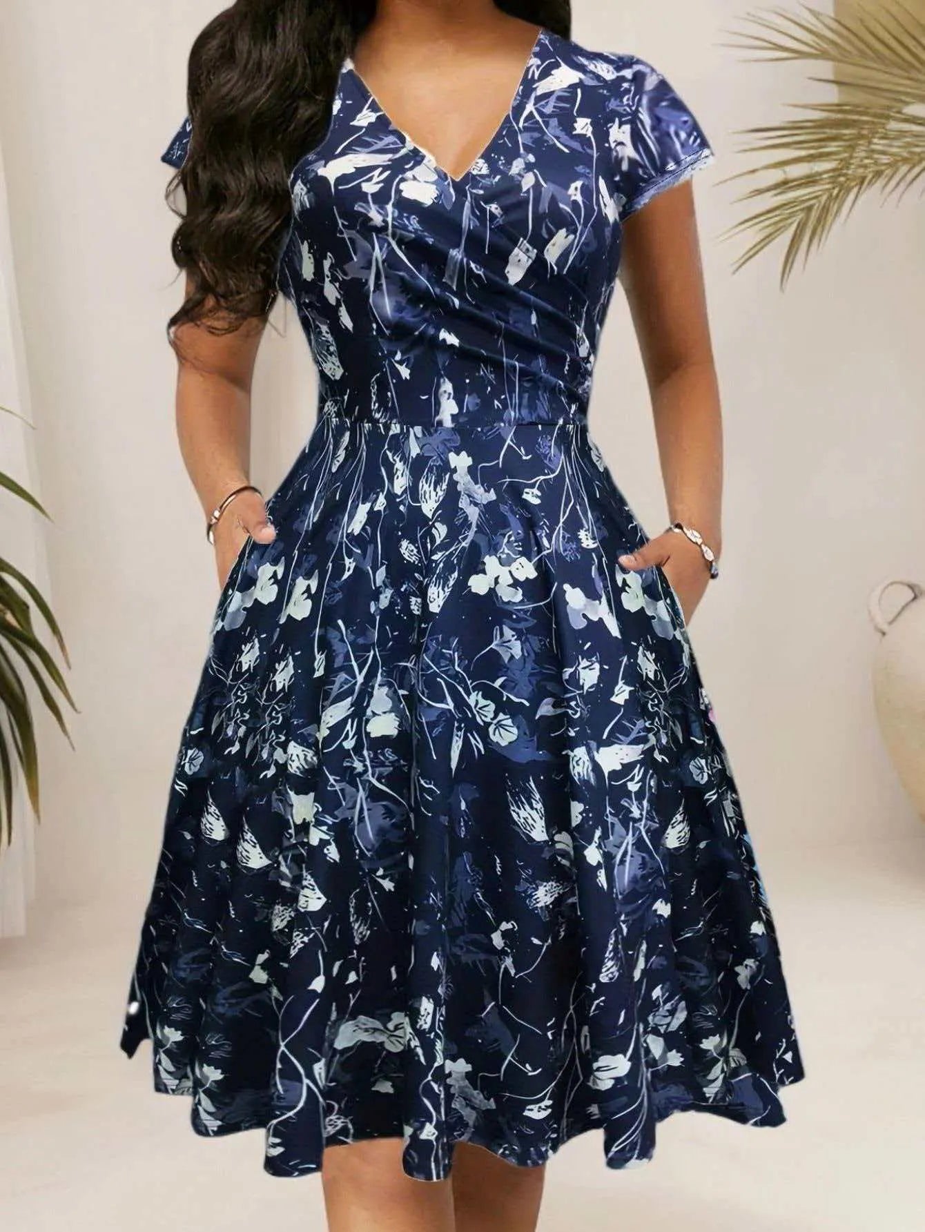 Round Neck Floral Print High Waist Flare Midi Dress