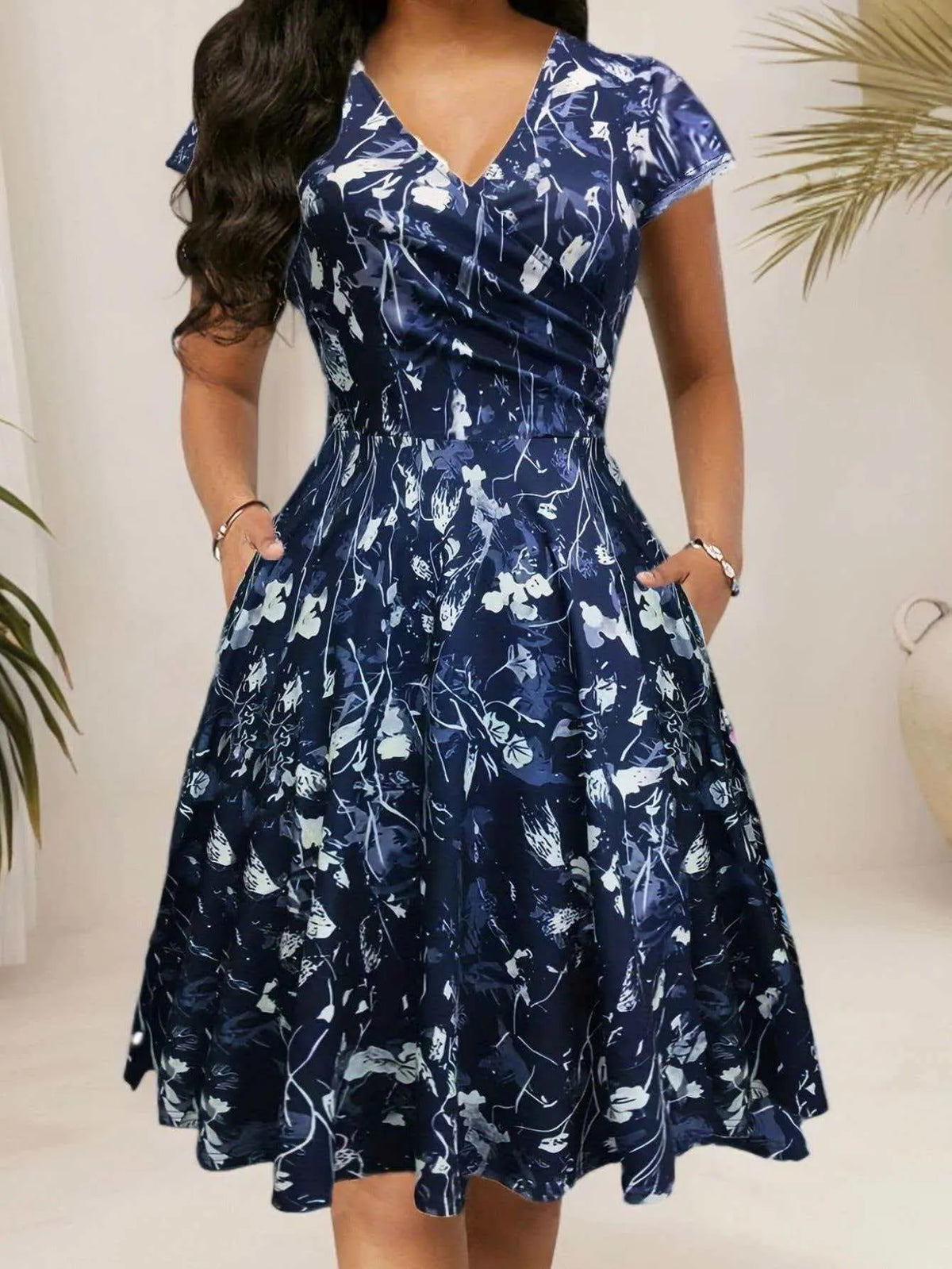 Round Neck Floral Print High Waist Flare Midi Dress