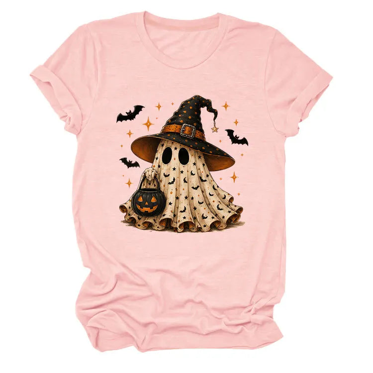 Halloween Ghost Witch Bat Print Crew Neck Short Sleeve T‑Shirt
