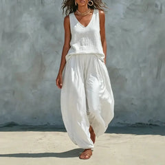 V Neck Sleeveless Vest & Elastic Waist Wide Leg Long Pants