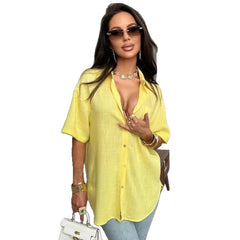 Solid Lapel Short Sleeve Back Hollow Lace Cutout Button Down Shirt