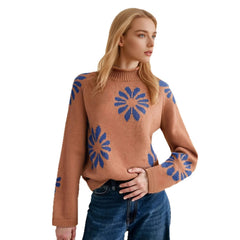 Floral Print Crew Neck Loose Pullover Sweater