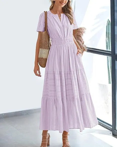 V-Neck Smocked Waist Tiered Maxi Dress