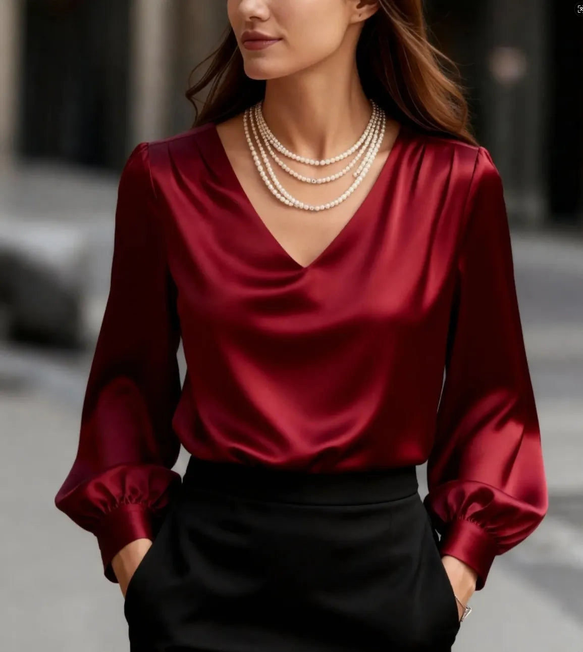 Solid V-Neck Long Puff Sleeve Elegant Blouse