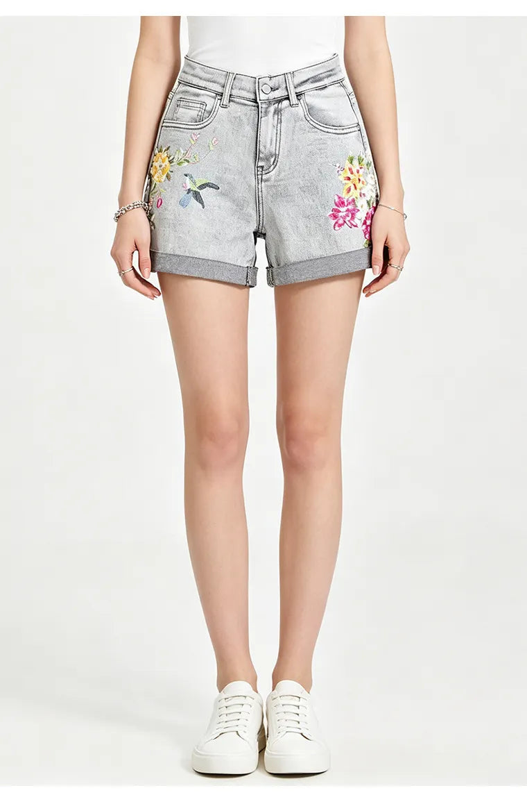 Boho Floral Bird Embroidered Denim Shorts