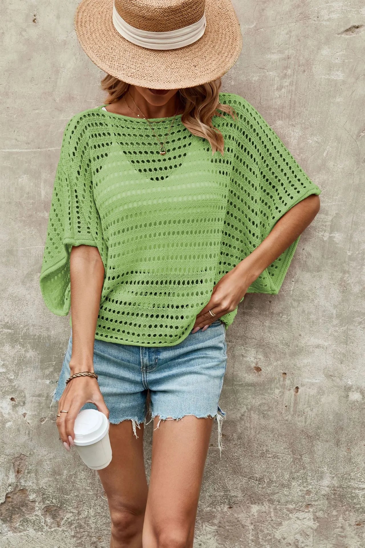 Boat Neck Batwing 5/4 Sleeve Hollow Perspective Knit Pullover Cover Up Top