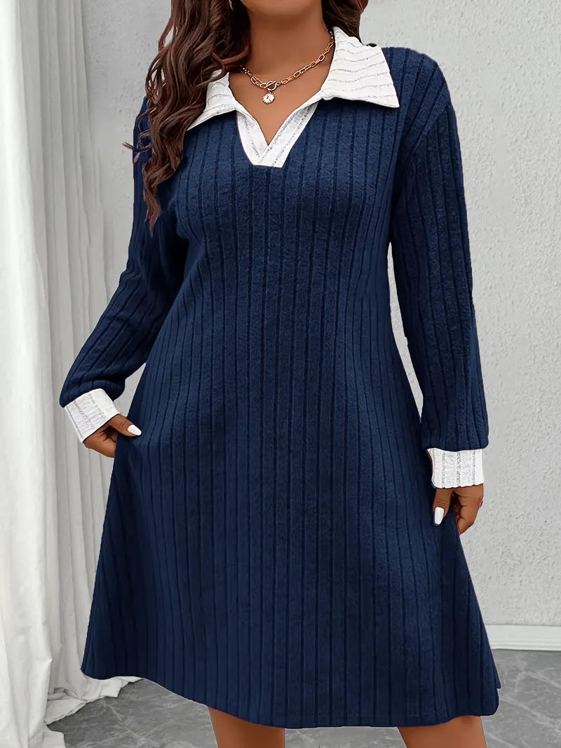 Contrast Collar Knit A-Line Dress