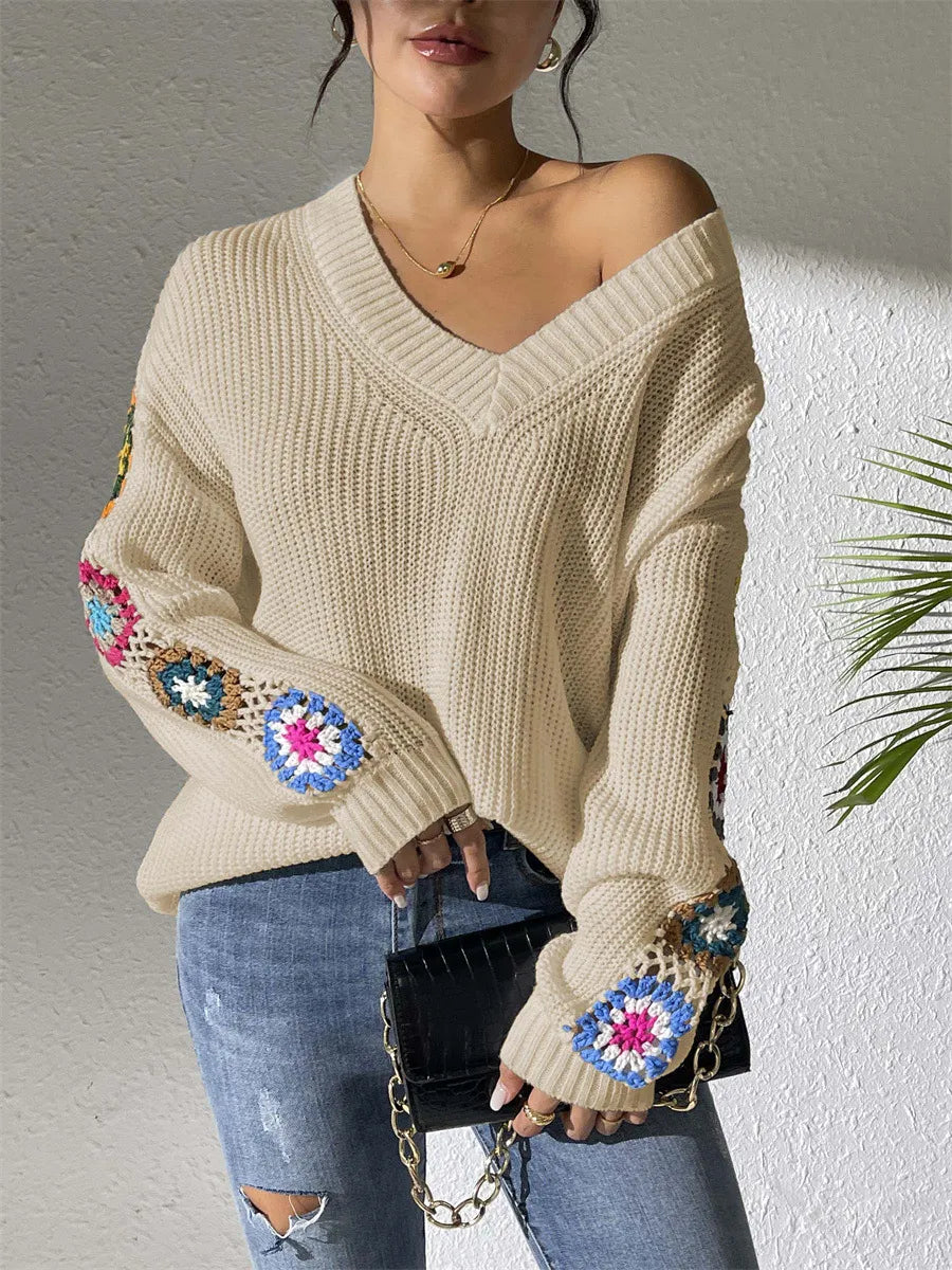 V‑Neck Loose Pullover Sweater With Crochet Floral Sleeve