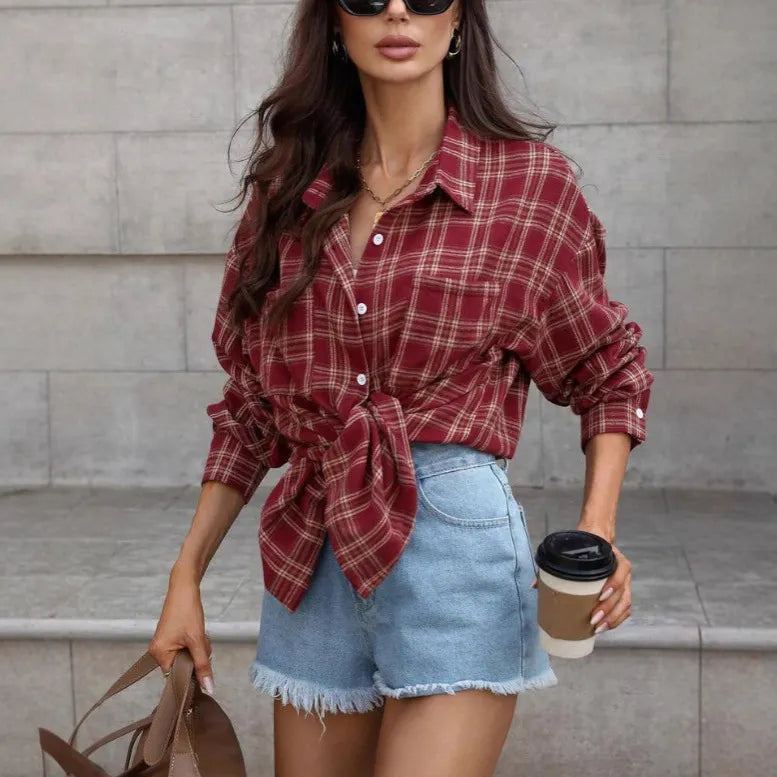 Wine Red Tartan Plaid Shirt, Oversized Longline Button Front Casual Blouse