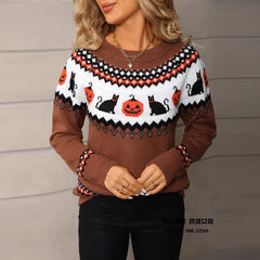 Halloween Black Cat Pumpkin Crew Neck Sweater