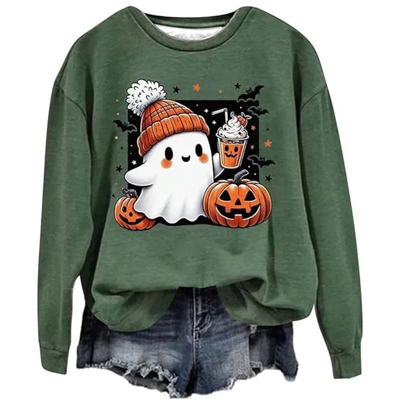 Halloween Ghost Pumpkin Print Crew Neck Sweatshirt