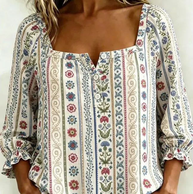 Plaid Square Neck Button Front Bubble 7/4 Sleeve Loose Casual Blouse