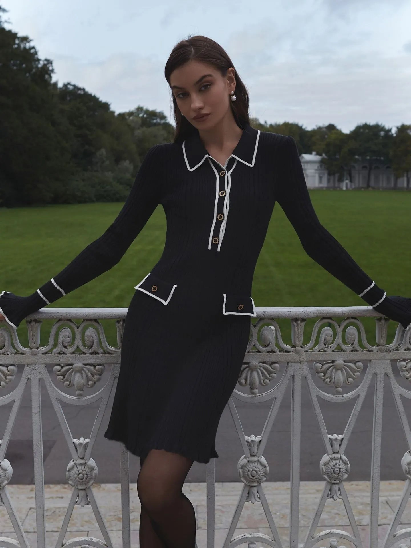 Color Block Lapel High Waist Slim Fit Lotus Leaf Long Sleeve Knit Wrap Dress