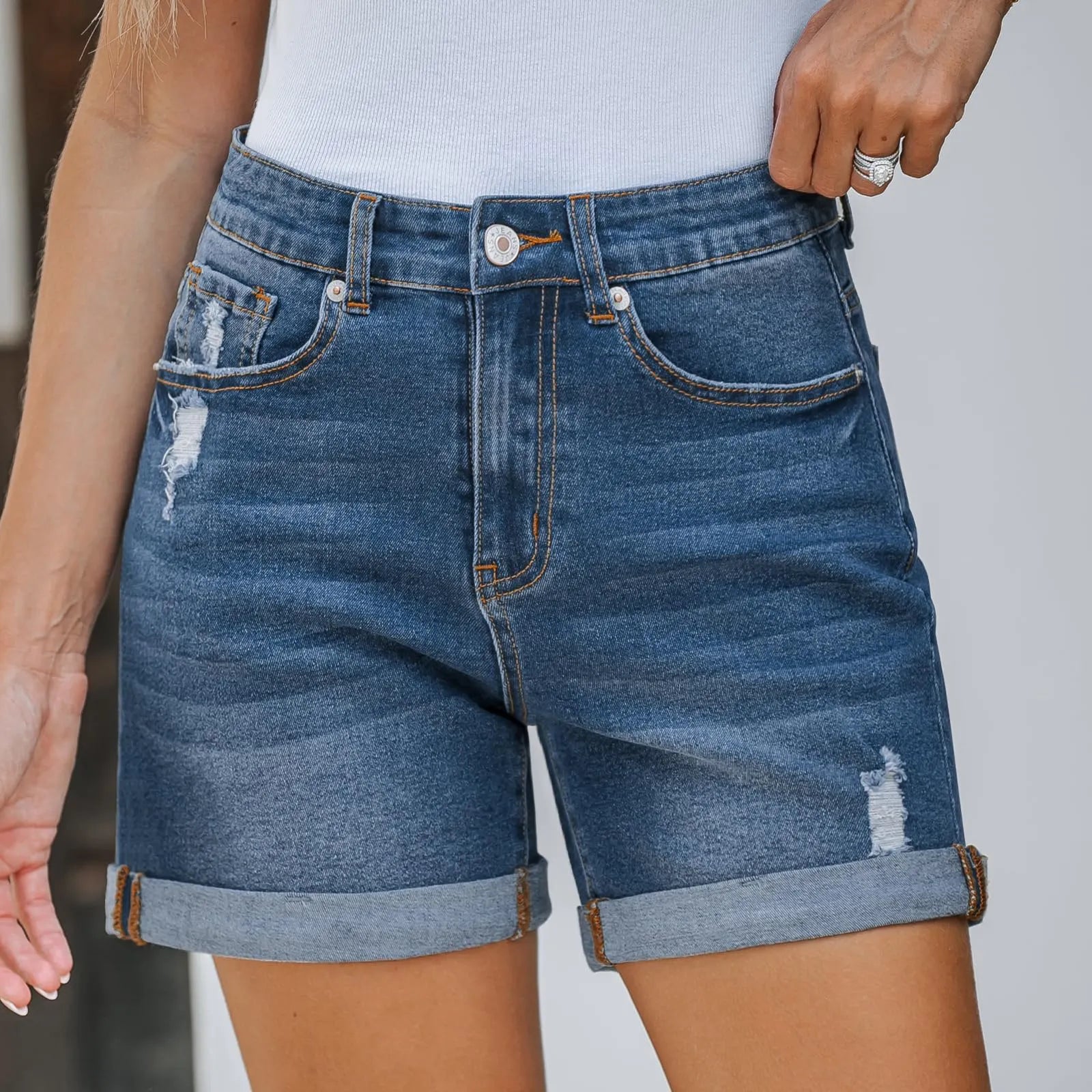 Mid Rise Distressed Denim Shorts