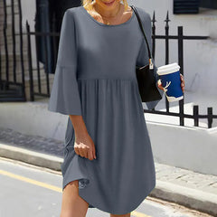Crew Neck Flared 3/4 Sleeve Loose Tiered Irregular Hem Solid Midi Dress