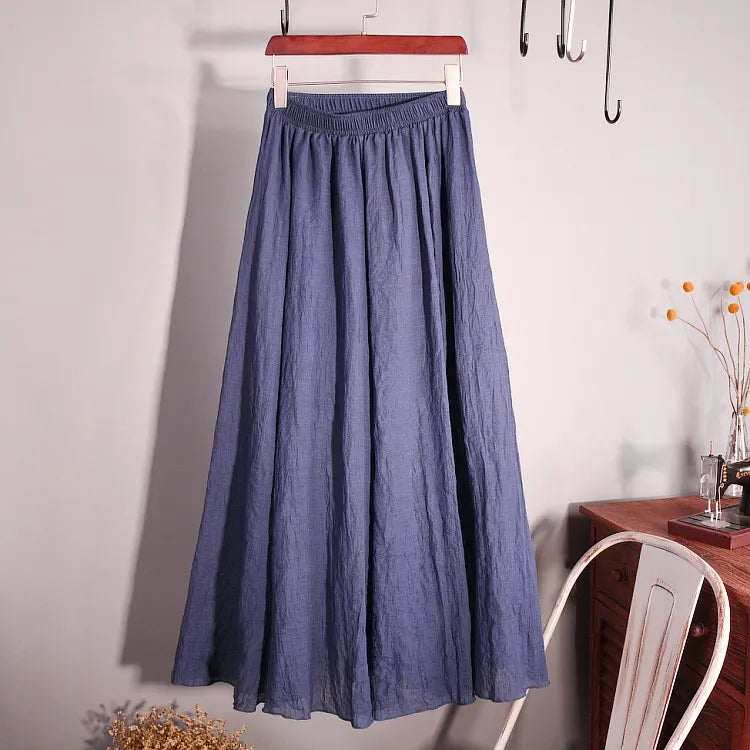 Linen Blend Maxi Skirt High Waist Pleated Flowy Skirt