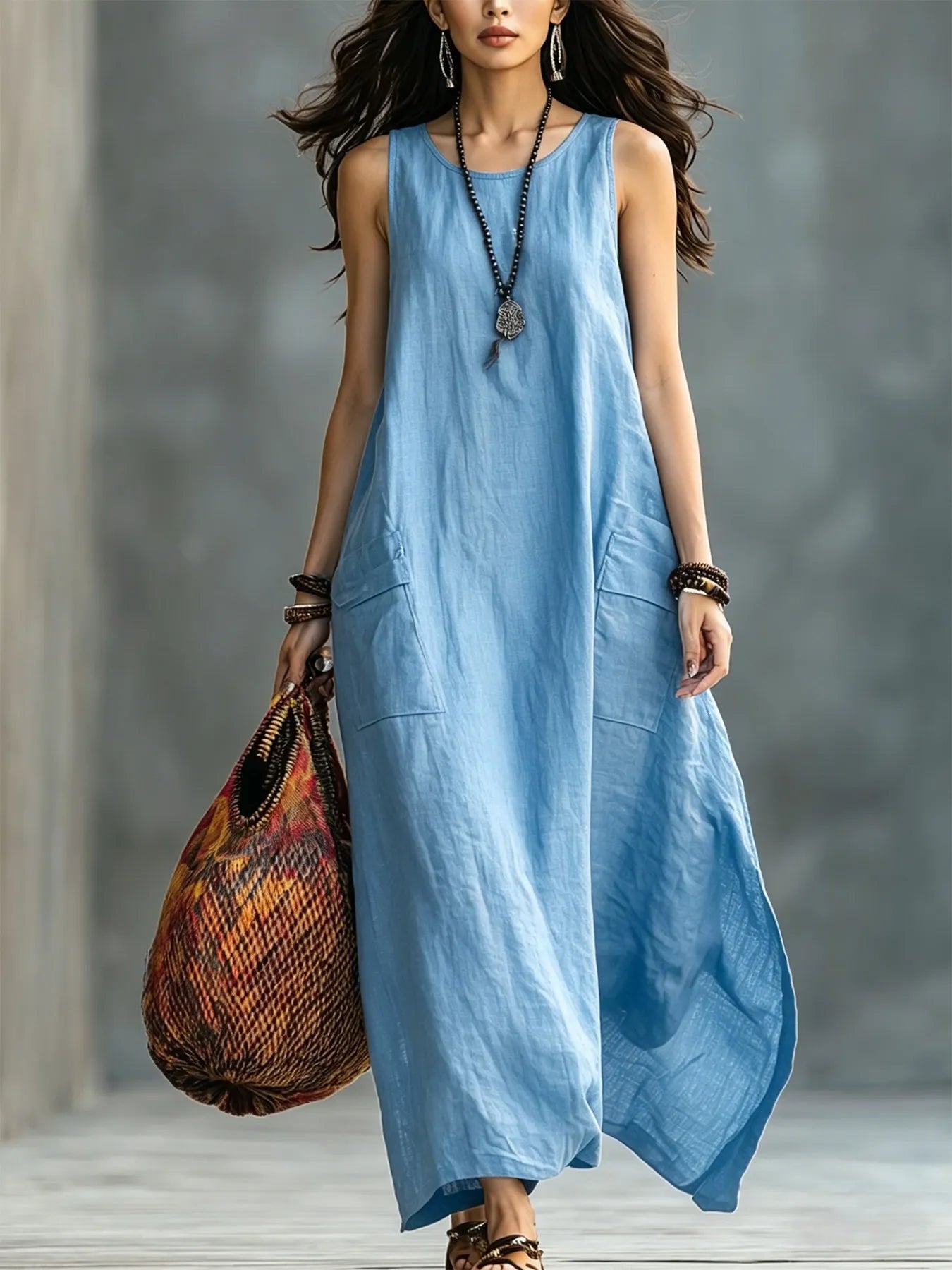 Solid Color Sleeveless A-line Maxi Dress