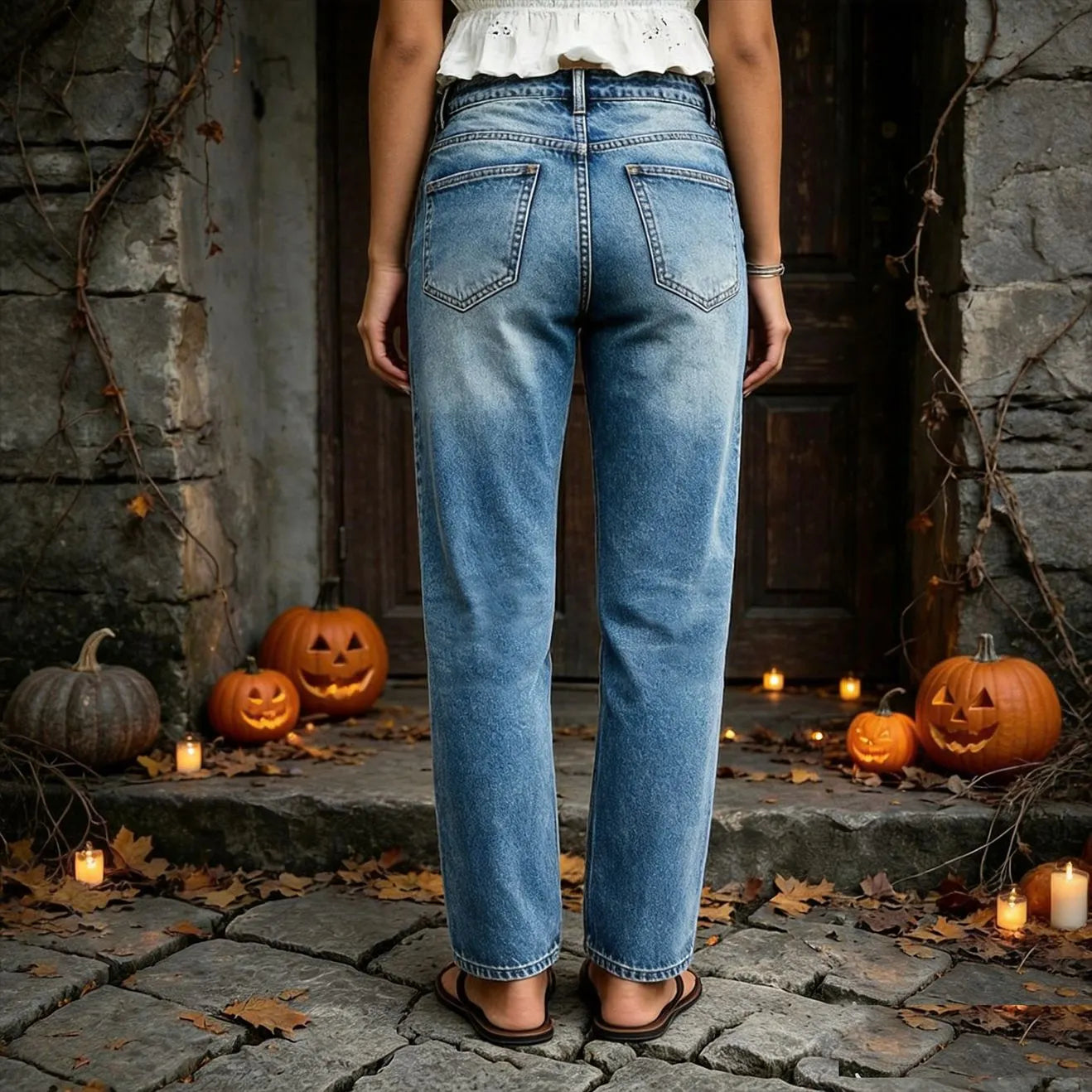 Halloween Ghost Pumpkin Printed Straight Jeans