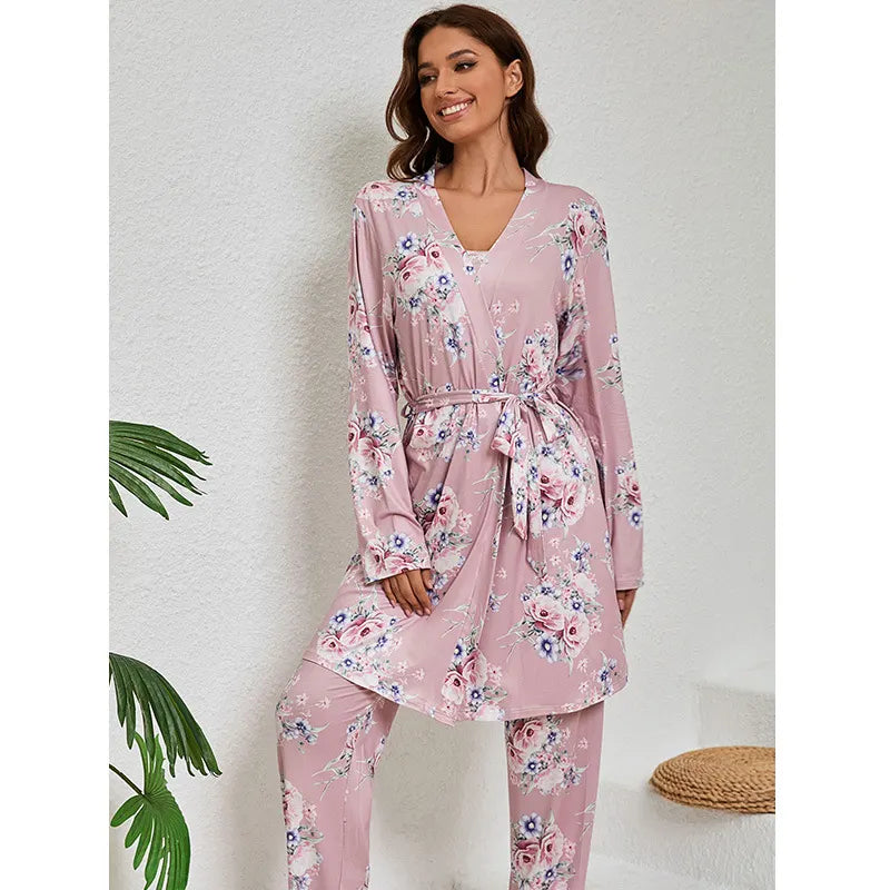 Allover Floral Print 3-Piece Robe Cami Long Pants Loungewear Set