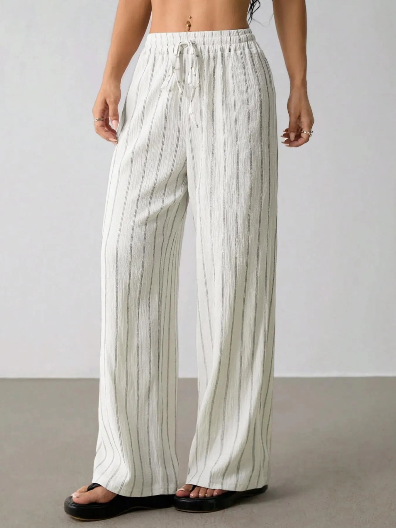 Vertical Striped Elastic Waist Wide Leg Pants
