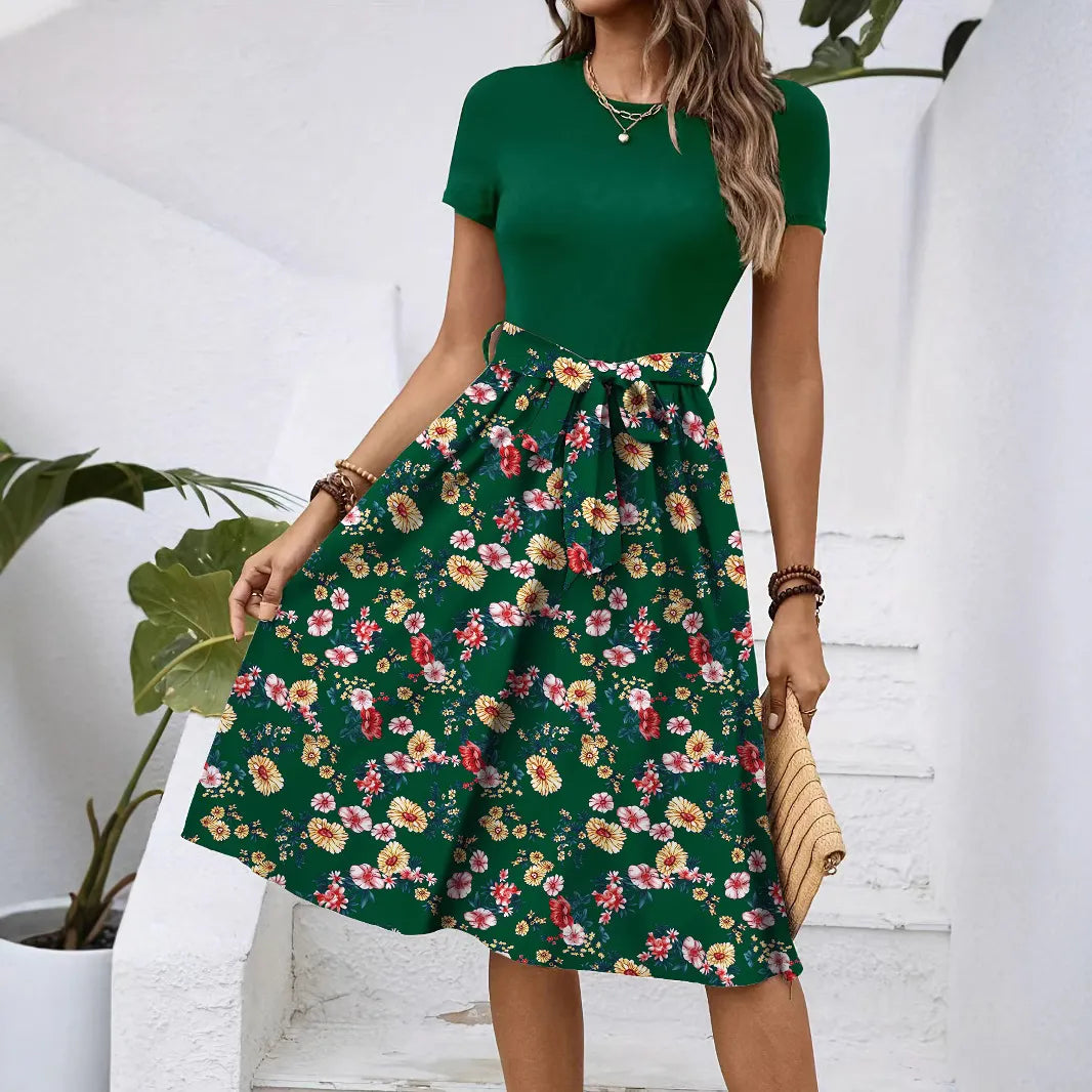Color Block Floral Tie Waist A-Line Midi Dress Round Neck Short Sleeve Elegant Campus Daily Dress