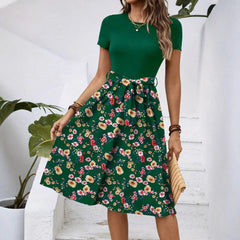 Color Block Floral Tie Waist A-Line Midi Dress Round Neck Short Sleeve Elegant Campus Daily Dress