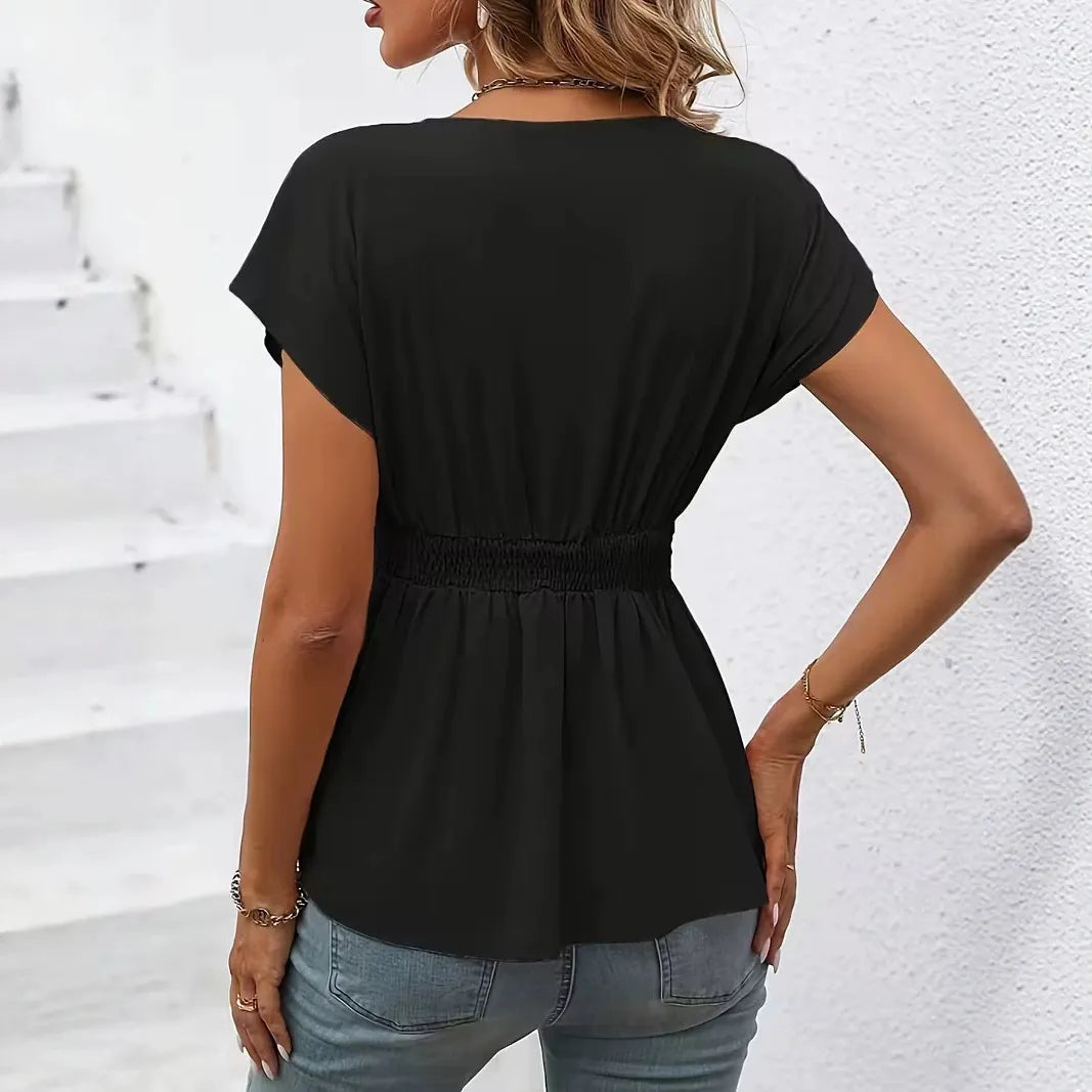 V-Neck Short Sleeve Waist Pleated Slim Pullover OL Commuter Blouse
