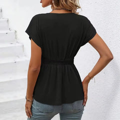 V-Neck Short Sleeve Waist Pleated Slim Pullover OL Commuter Blouse