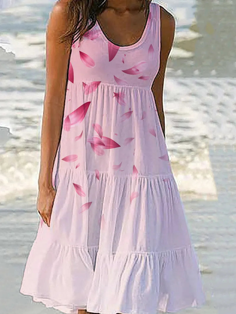 Floral Print Sleeveless Round Neck Tiered Midi Dress