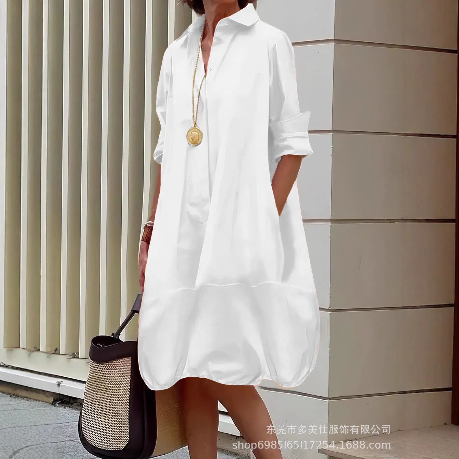 Solid Color Button Front Pocket Shirt Midi Dress